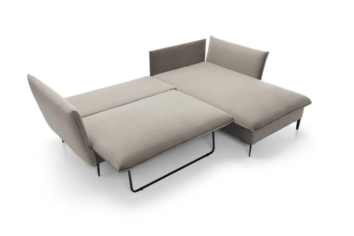 ECKSOFA GLOSS mit Schlaffunktion, Ottomane & goldenen Füßen – Samtsofa im GLOSSour-Stil mit Zierkissen, 258x167x91 cm, Rechte, GRÜN - Beige, Holz/Textil (258/167cm) - DomoHome
