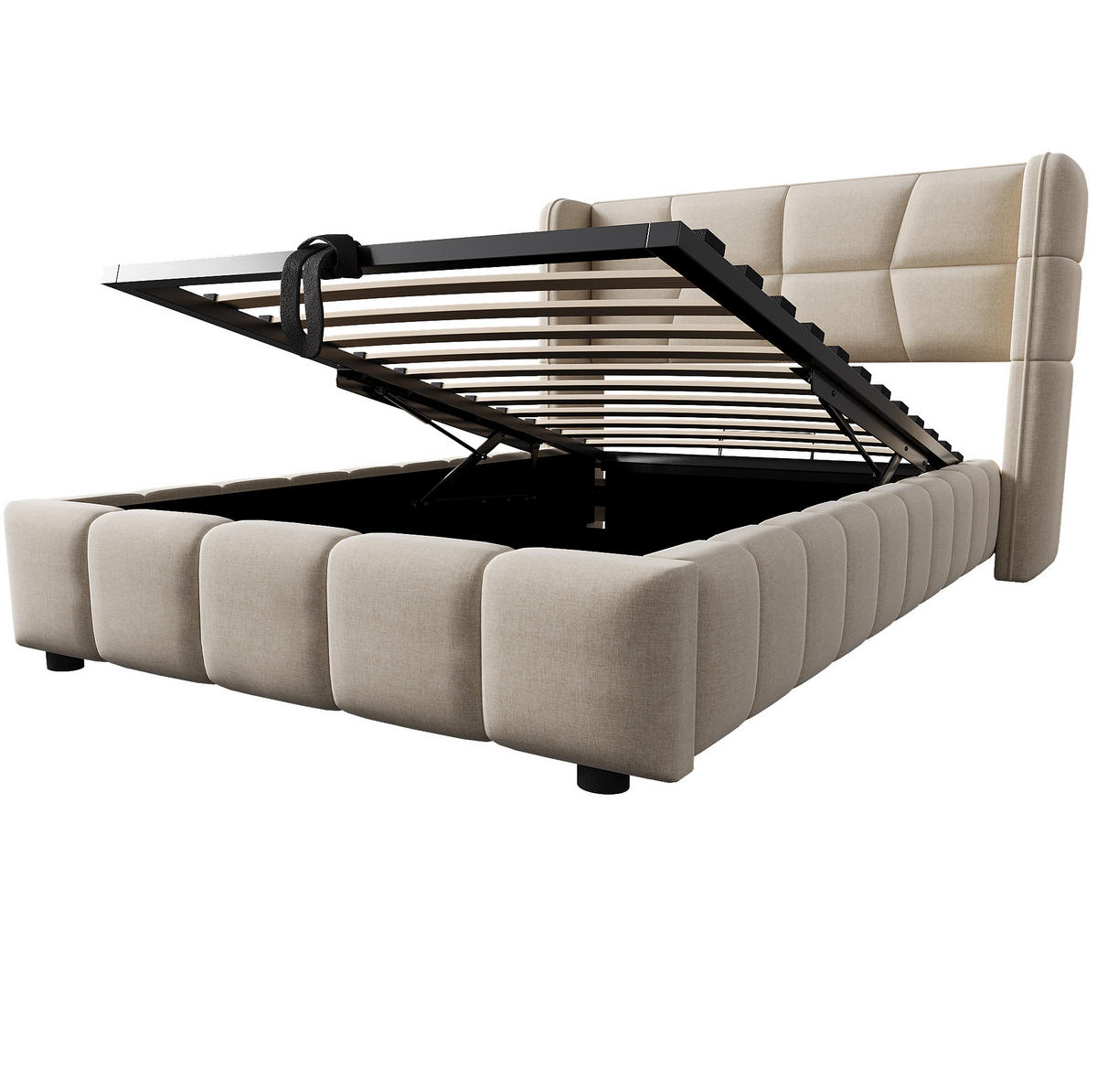 ČALÚNENÁ posteľ z látky 90x200 cm béžová s úložným priestorom, zdvíhacím mechanizmom a pevným kovovým rámom - béžová, textil (90/200cm) - Modfu