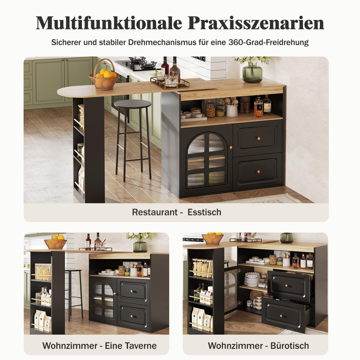 STEHTISCH 138-204x39x104cm Schwarz mit Snackregal & Drehfunktion - Schwarz, Holzwerkstoff (204/104/39cm) - Modfu