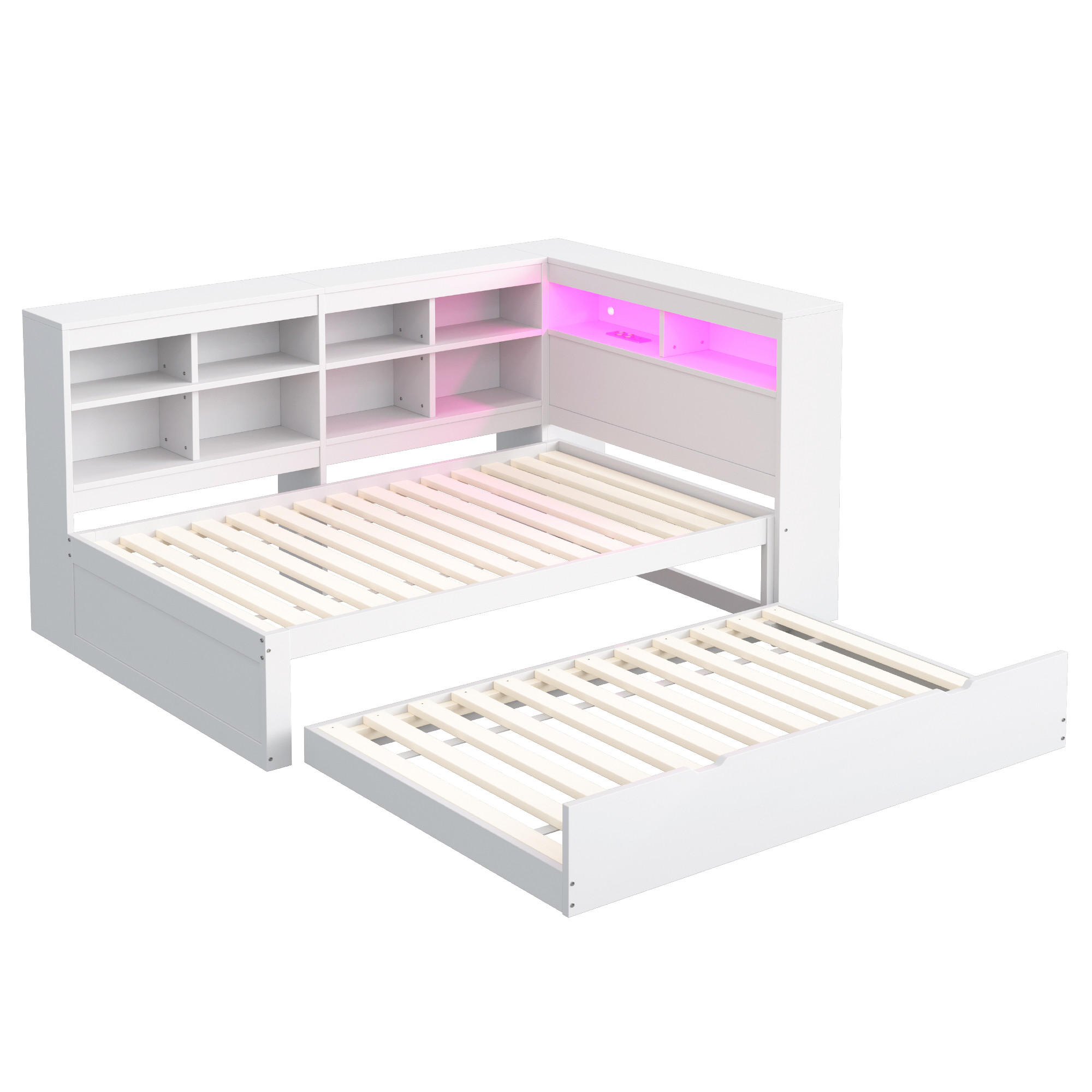 AUSZIEHBETT 90/200 cm DE-01370, in Weiß, mit USB und LED - Weiß, Holz (90/200cm) - ComfortXL