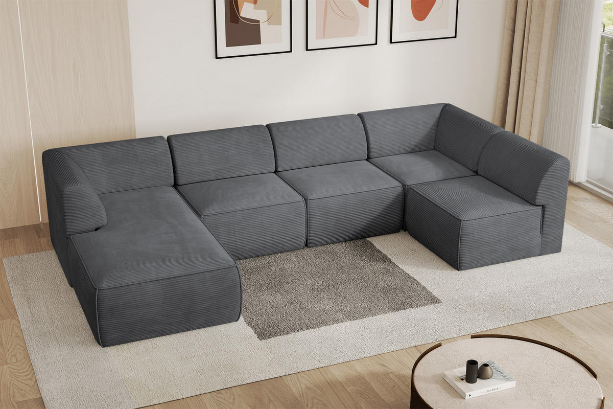 WOHNLANDSCHAFT Ottomane Links MOVO-L 345x180x78 cm Dunkelgrau Cord - Dunkelgrau, Holzwerkstoff/Kunststoff (345/78/180cm) - ALTDECOR