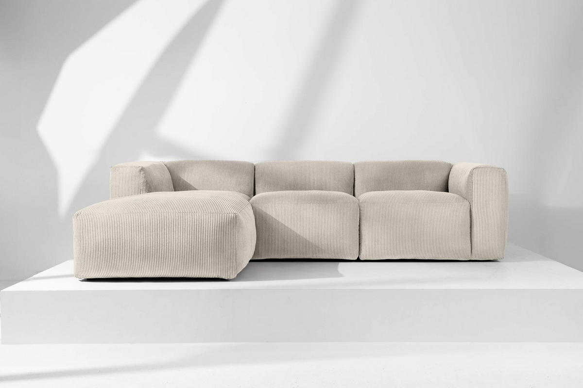 ECKMODULSOFA-LINKS BUFFO mit extrem weicher und bequemer Sitzfläche, Kordstoff, cremefarben - Creme, Textil (297/180cm) - KONSIMO®