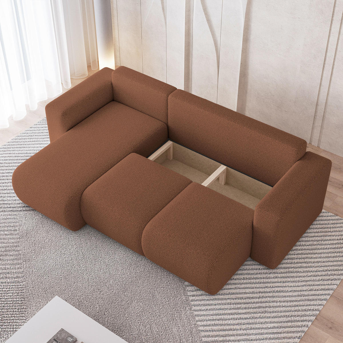 ECKSOFA RINOVA Kupferfarben Boucle-Stoff mit Schlaffunktion - Kupferfarben, Holz (250/143cm) - MASSENO