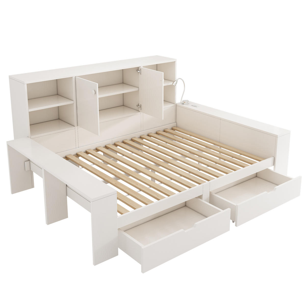 POLSTERBETT 140/200 cm Weiß mit 2 Schubladen, Stauraum, Doppeltüren und USB/USB-C Anschlüssen - Weiß, Holz (140/200cm) - Oxeza