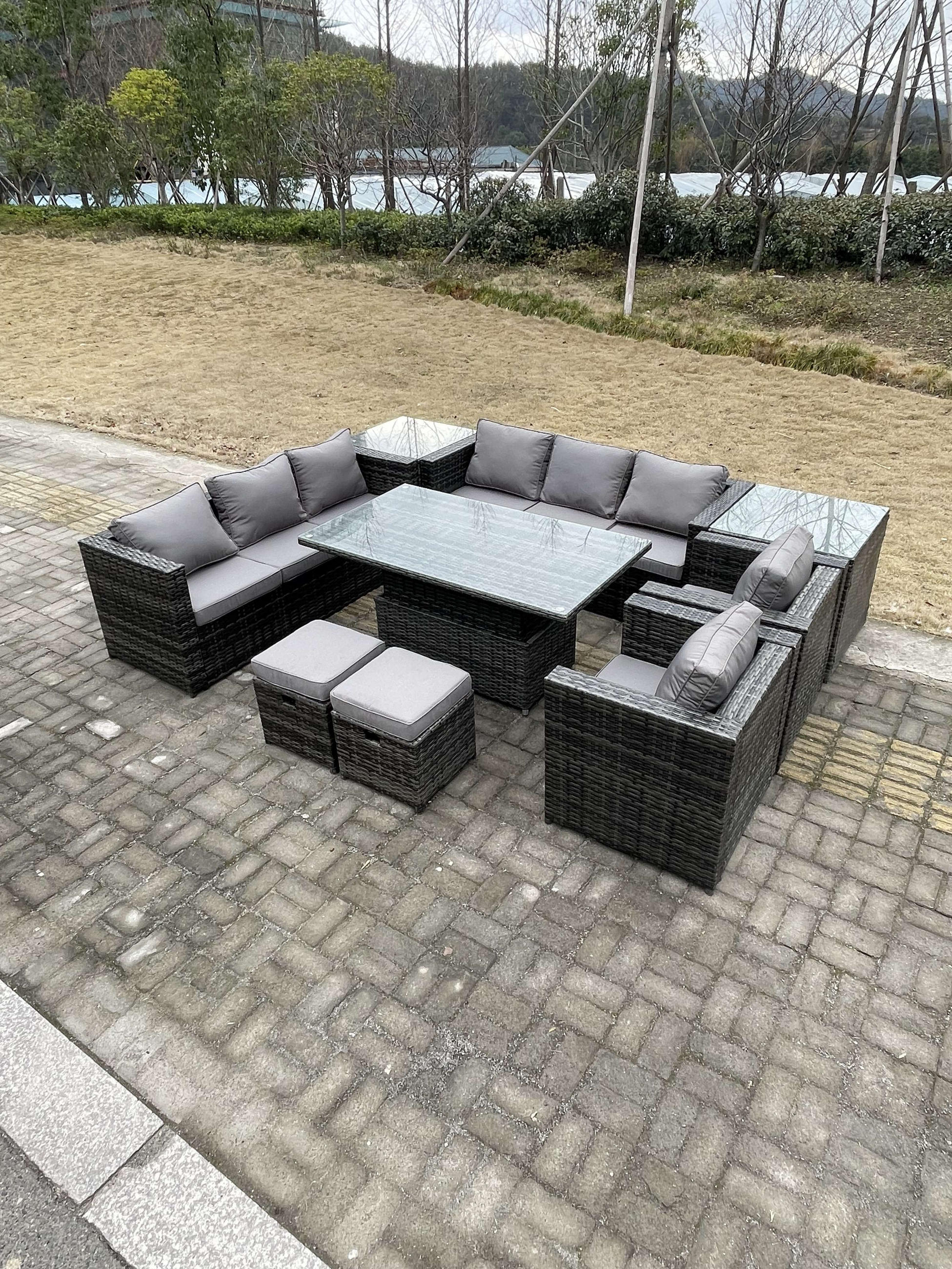 GARTENTISCHGRUPPE Polyrattan 10-Sitzer - Dunkelgrau/Grau, Glas/Kunststoff - Fimous