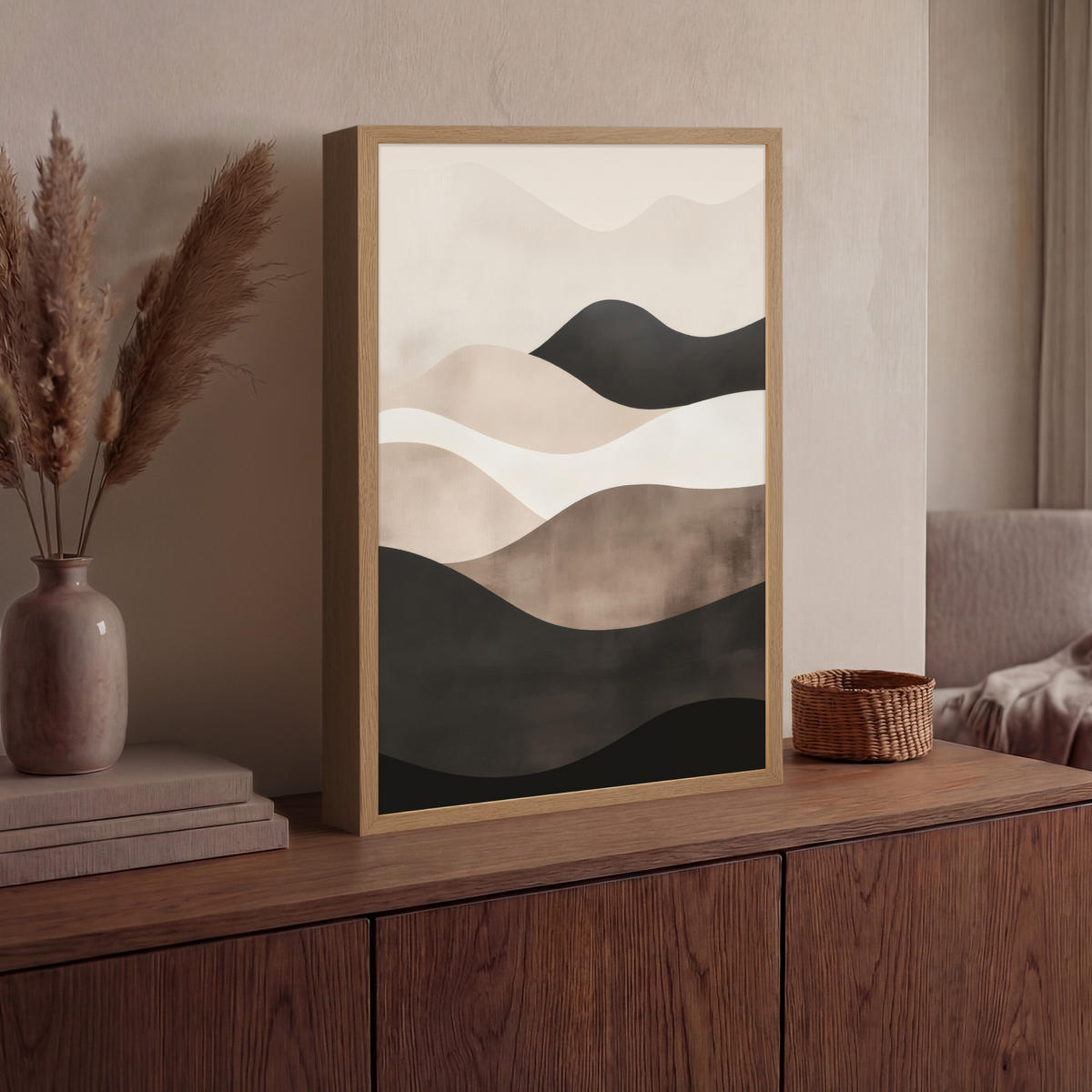 NÁSTĚNNÁ LAMPA S AKUMULÁTOREM Abstraktní - Krajina - Vlny - Krémová barva 40x60 cm - šedohnědá, kompozitní dřevo (40/60/8cm) - OnlyWow