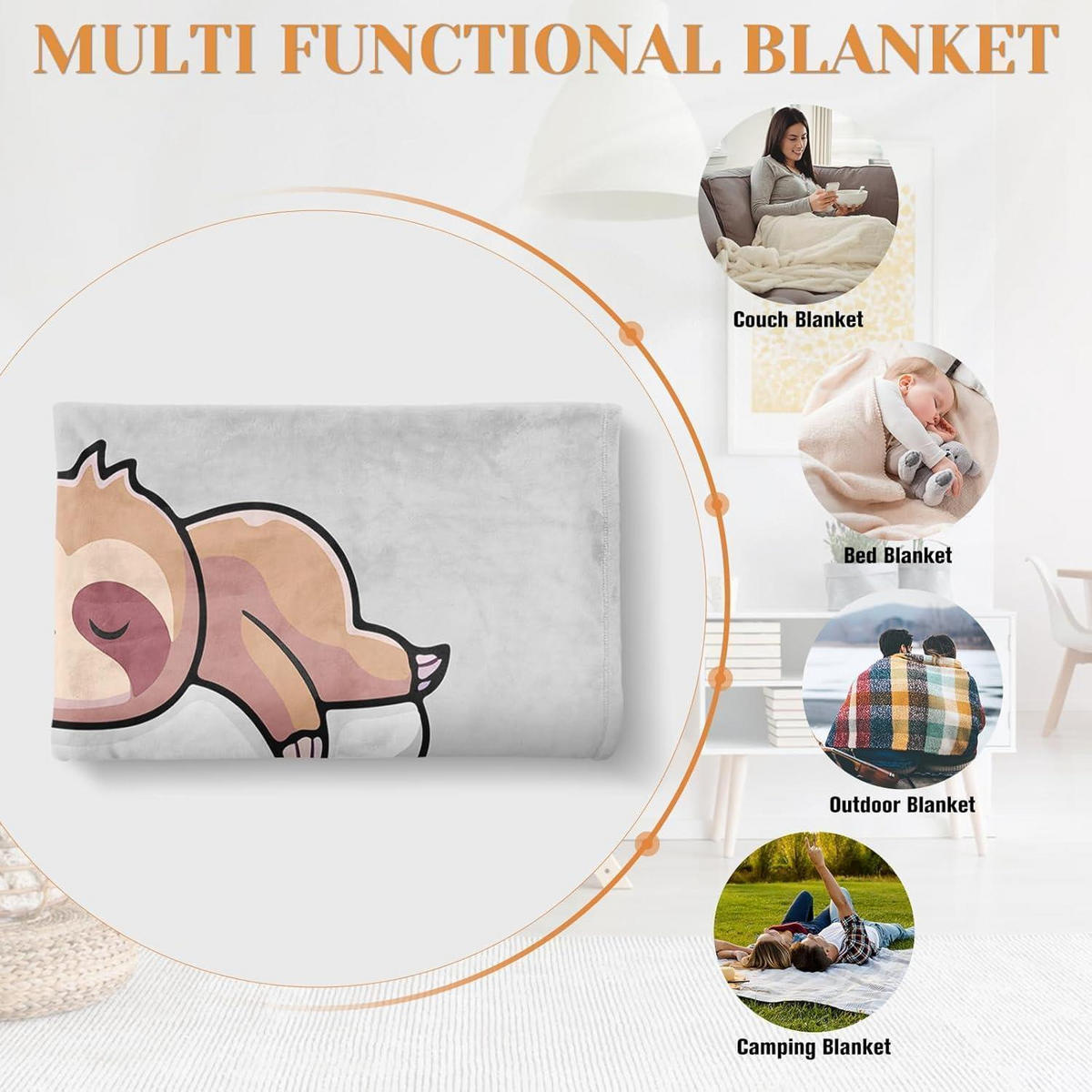 KUSCHELDECKE Grau mit Faultier-Motiv, Geschenk für Oma - Grau, Textil (127/152.4cm)