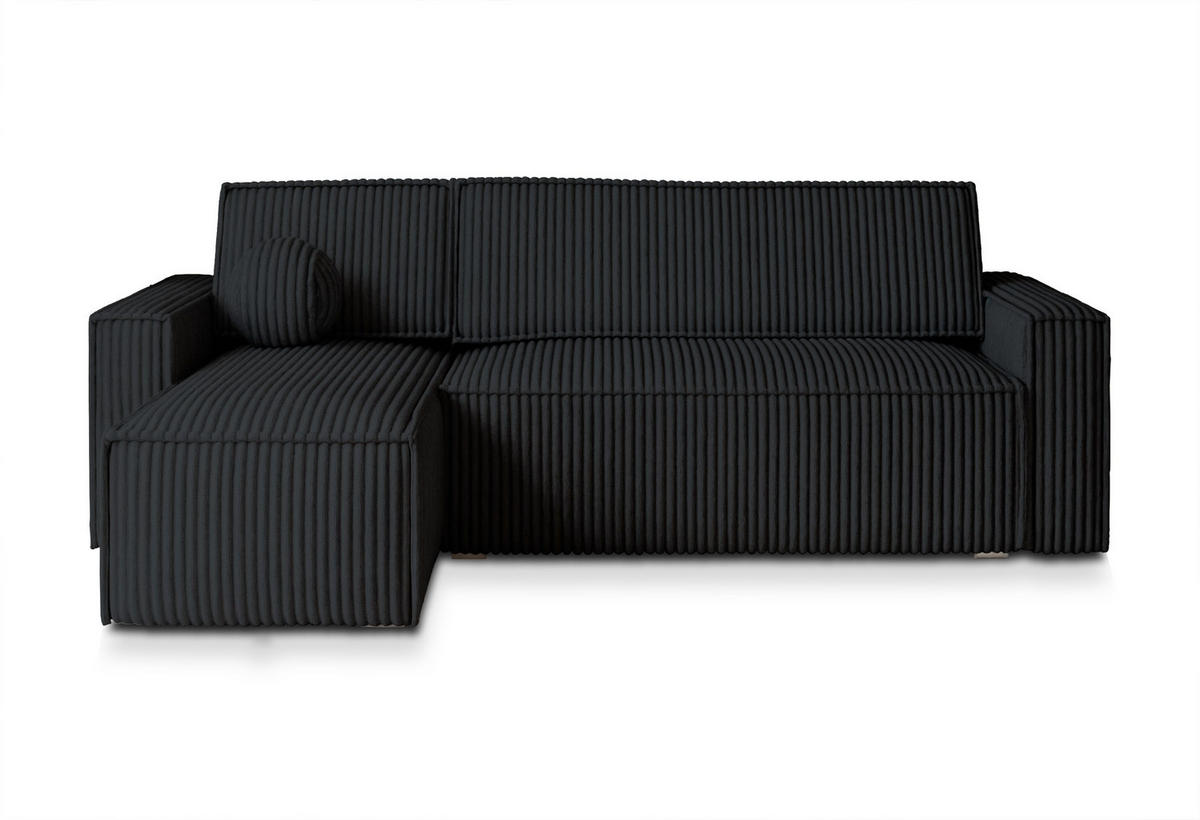 ECKSOFA RAVELO T Schwarz Kordstoff mit Schlaffunktion - Schwarz, Holz (240/140cm) - MASSENO