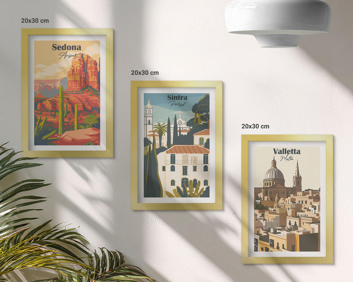 WANDBILDER 3er Set - 20x30 cm Goldrahmen - Ansichten Sedona Sintra Valletta Retro - Goldfarben, Kunststoff (20/30cm) - ArtPrintCave