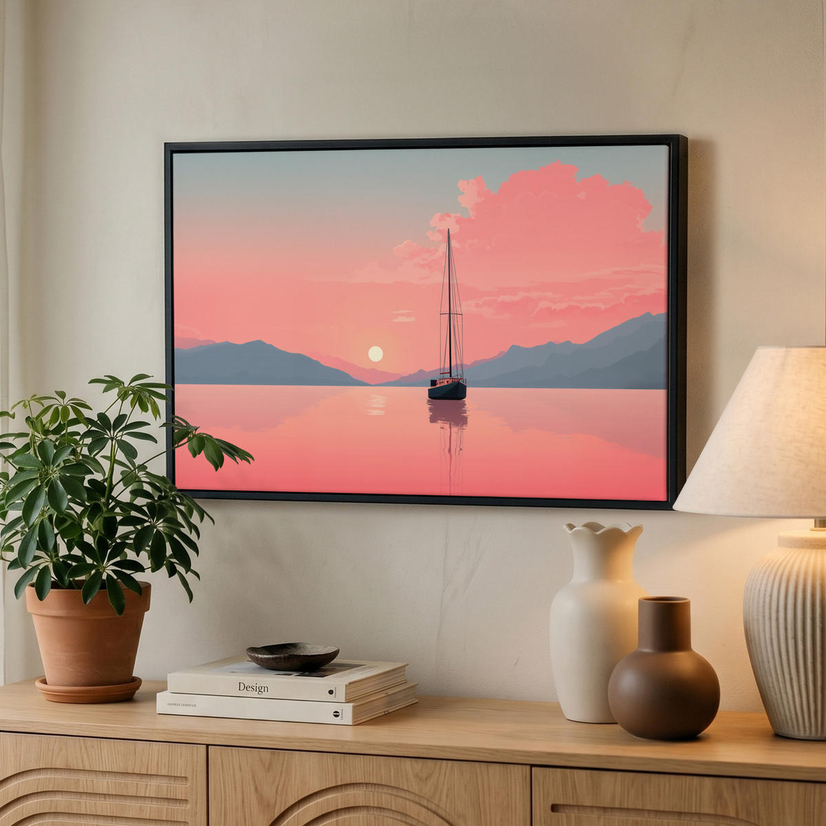 LEINWAND Bilder mit Rahmen - Segelboot - Rosa Meer - Sonnenuntergang - Berge - 60x40 - Rosa, Textil (60/40cm) - OnlyWow