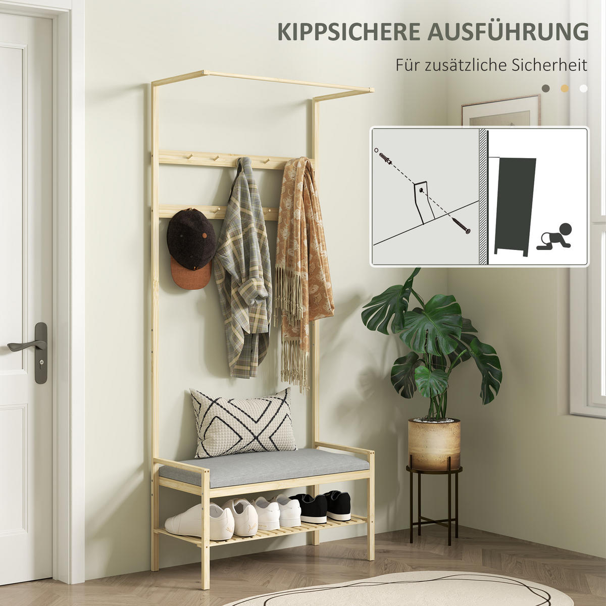 GARDEROBENSTÄNDER mit Schuhbank, Kleiderständer mit Haken, Schuhregal, Natur - Naturfarben, Naturmaterialen (34/171/73.5cm) - HOMCOM