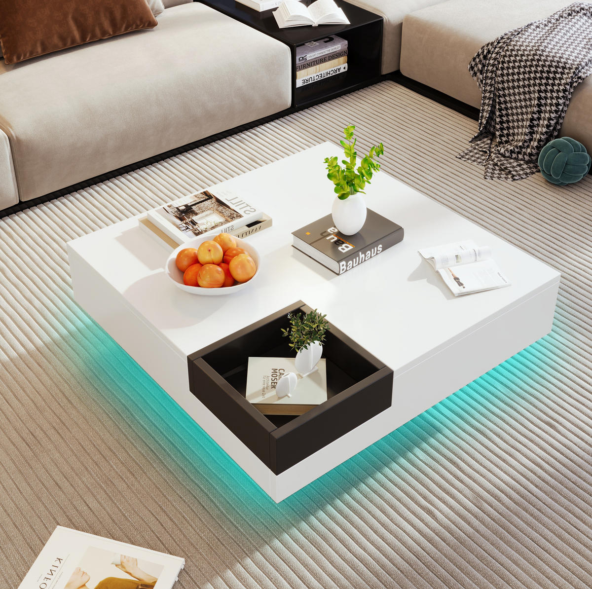 COUCHTISCH aus Spanplatte 72x72x30 cm Schwarz-Weiß mit LED-Beleuchtung und abnehmbarer Aufbewahrungsbox - Weiß, Holzwerkstoff (72/72/30cm) - IVMEU