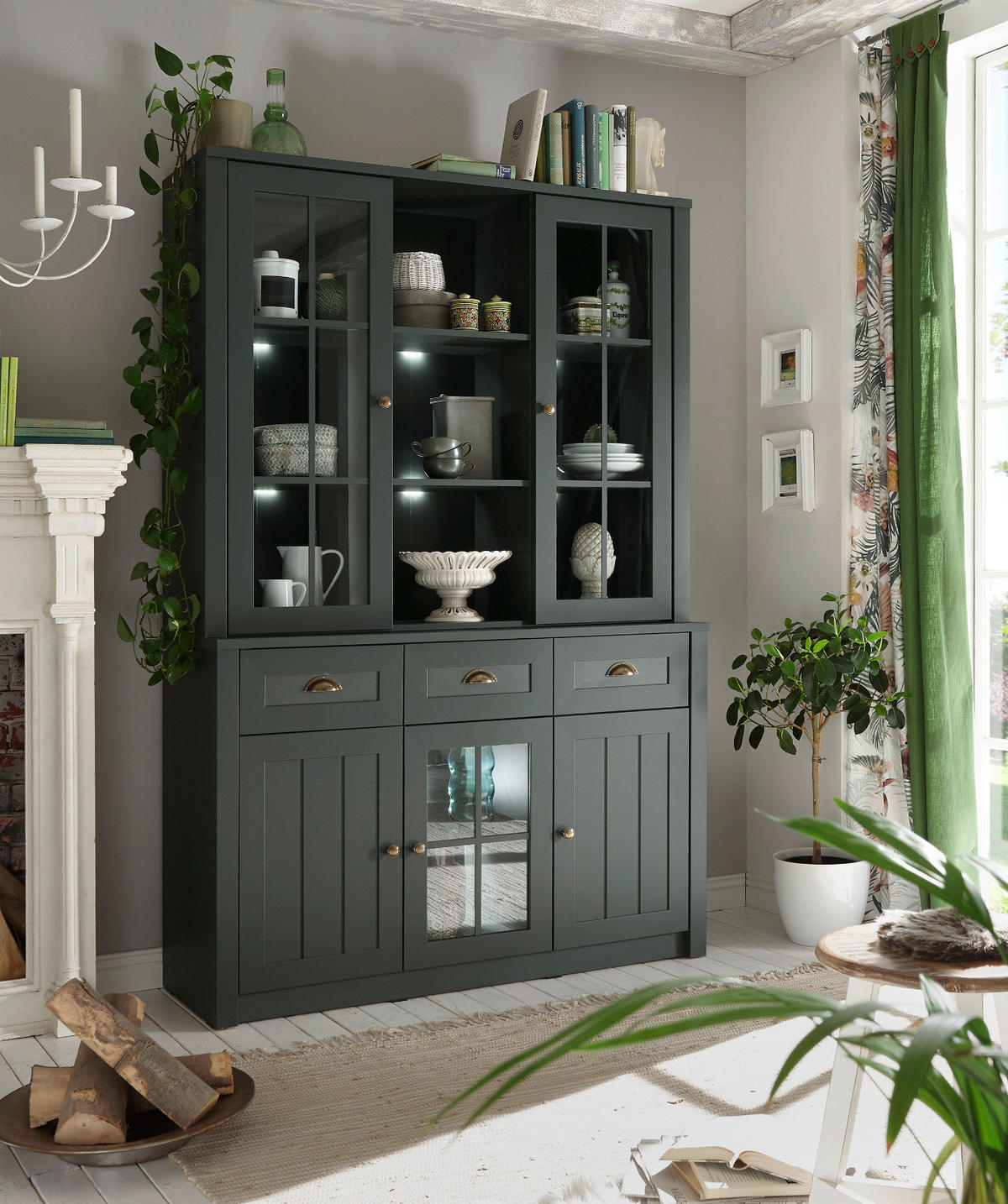 BUFFETSCHRANK grün 130 x 196 cm, Buffet Landhaus-Stil - Chromfarben/Schwarz, Glas/Holzwerkstoff (130/196/43cm) - Furn.Design
