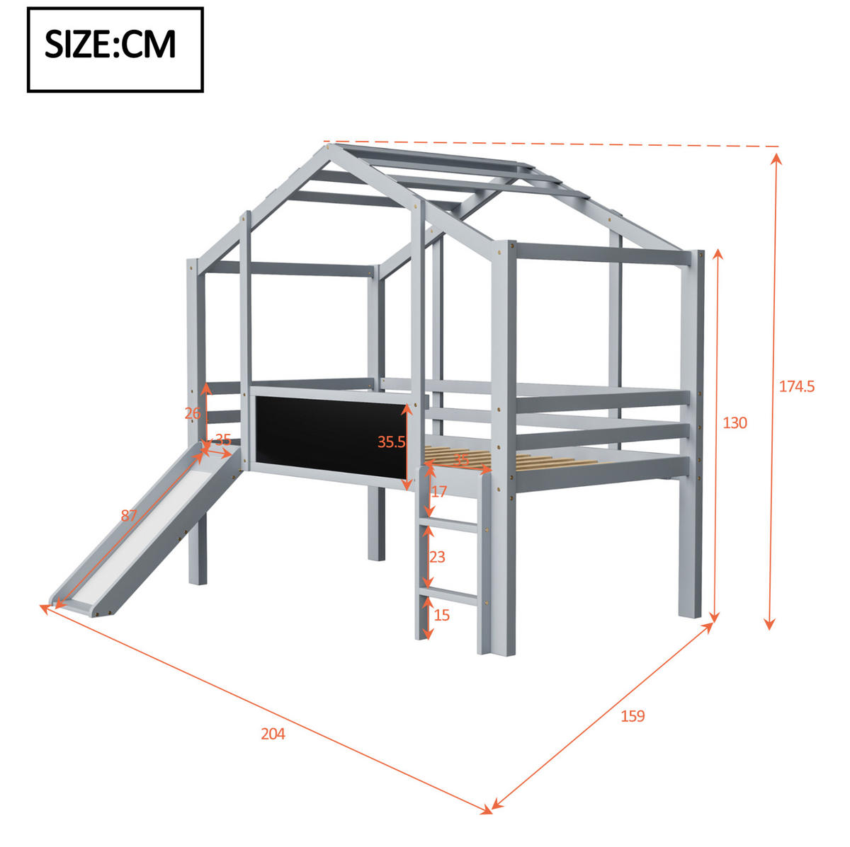KINDERBETT 90/200 cm in Grau – Hochbett in Hausform mit Rutsche und Leiter - Grau, Holz (90/200cm) - BEAOK