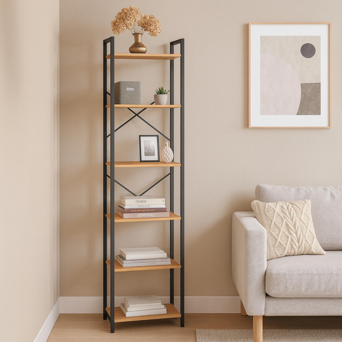 STANDREGAL Holzoptik Metall Eichefarben Schwarz 6 Böden 66x30x186 cm - Eichefarben/Schwarz, Holzwerkstoff/Metall (66/186/30cm) - Begryf