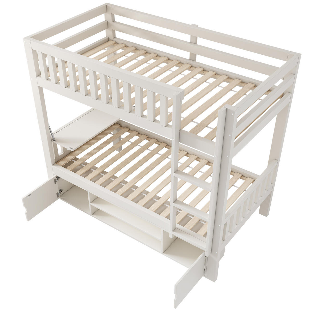 ETAGENBETT aus Kiefernholz, MDF und Sperrholz 90x200 cm Weiß mit klappbarem Tisch, Schuhregal und Stauraum - Weiß, Holzwerkstoff (90/200cm) - Modfu