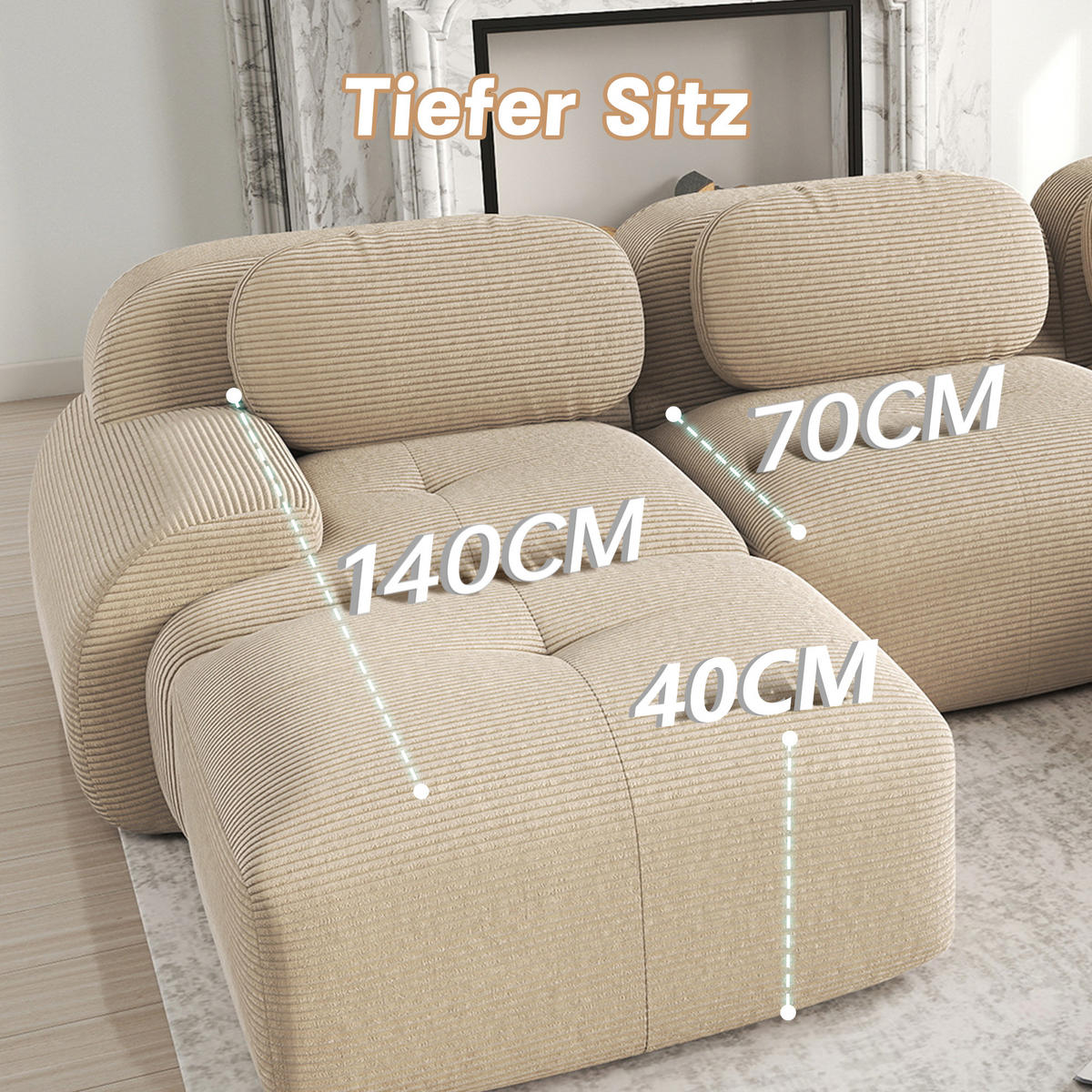 3-SITZER Sofa 298x178x75 cm aus Cordstoff rahmenlos modular, beige - Beige, Textil (178/75/298cm)