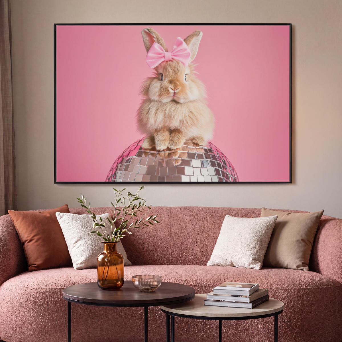 LEINWAND Bilder mit Rahmen - Schleife - Discoball - Kaninchen - 140x90 - Pink, Textil (140/90cm) - MuchoWow