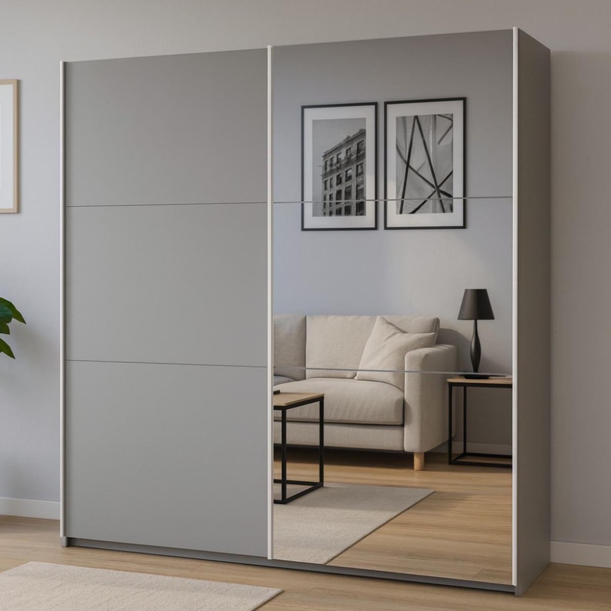 SCHWEBETÜRENSCHRANK Rossa mit 2 Türen und Spiegel, 225 cm, Platinfarben - Platinfarben, Holzwerkstoff (225/244/65cm) - Beautysofa