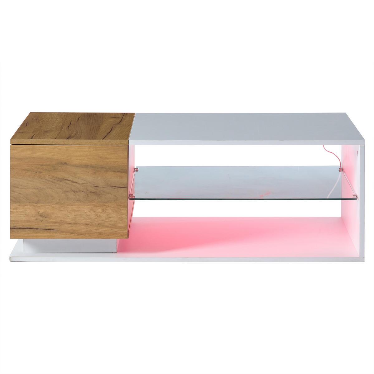 COUCHTISCH mit LED RGB App Steuerung & 29 Modi, Hochglanz Glas, Stauraum, Spanplatte/Glas - Eichefarben/Weiß, Glas/Holzwerkstoff (105/50/36cm) - EVRYAE