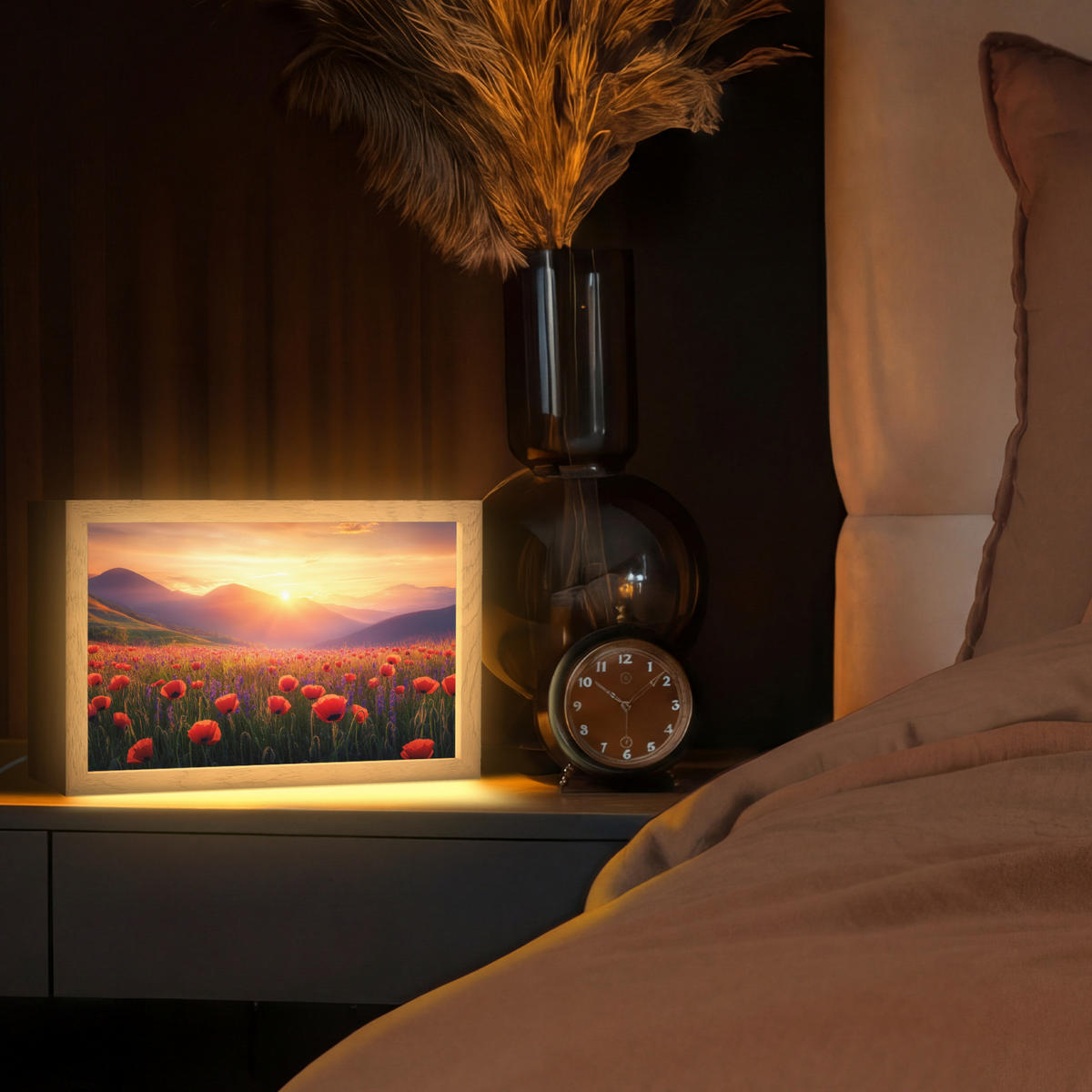 TISCHLEUCHTE Landschaft - Sonnenuntergang - Blumenfeld 30x20 cm - Dunkelblau, Holzwerkstoff (8/30/20cm) - OnlyWow