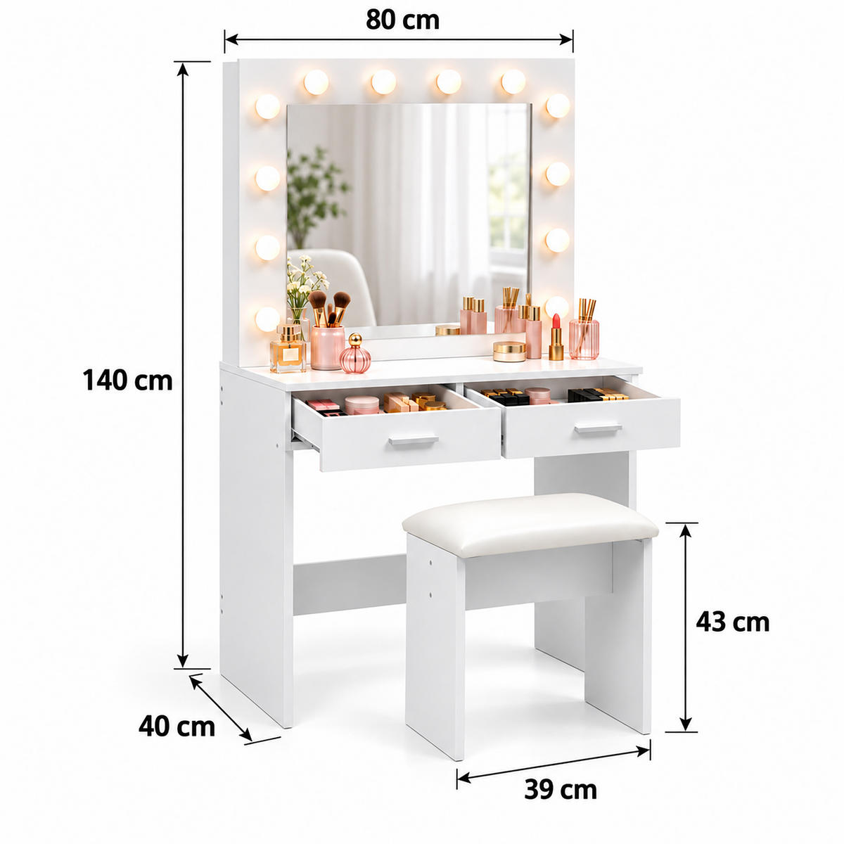 TOALETKA bílá se stoličkou LED zrcadlo - bílá, kompozitní dřevo/textil (80/140/40cm) - Relaxdays