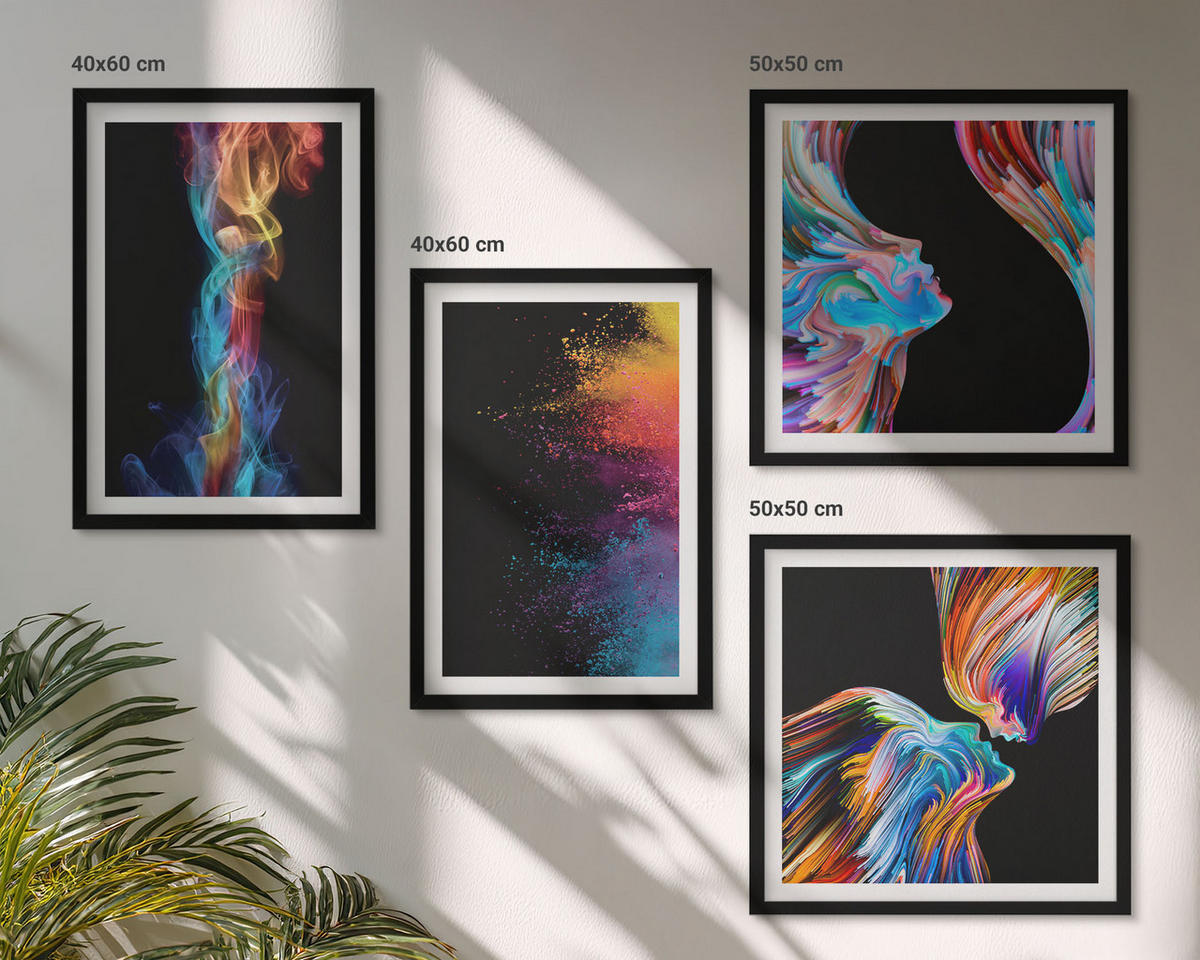 WANDBILDER 4er-Set - 50x50 cm & 40x60 cm Schwarzer Rahmen - Farbenfrohe Abstraktionen, Gesichter, Formen - Schwarz, Kunststoff (50/50cm) - ArtPrintCave