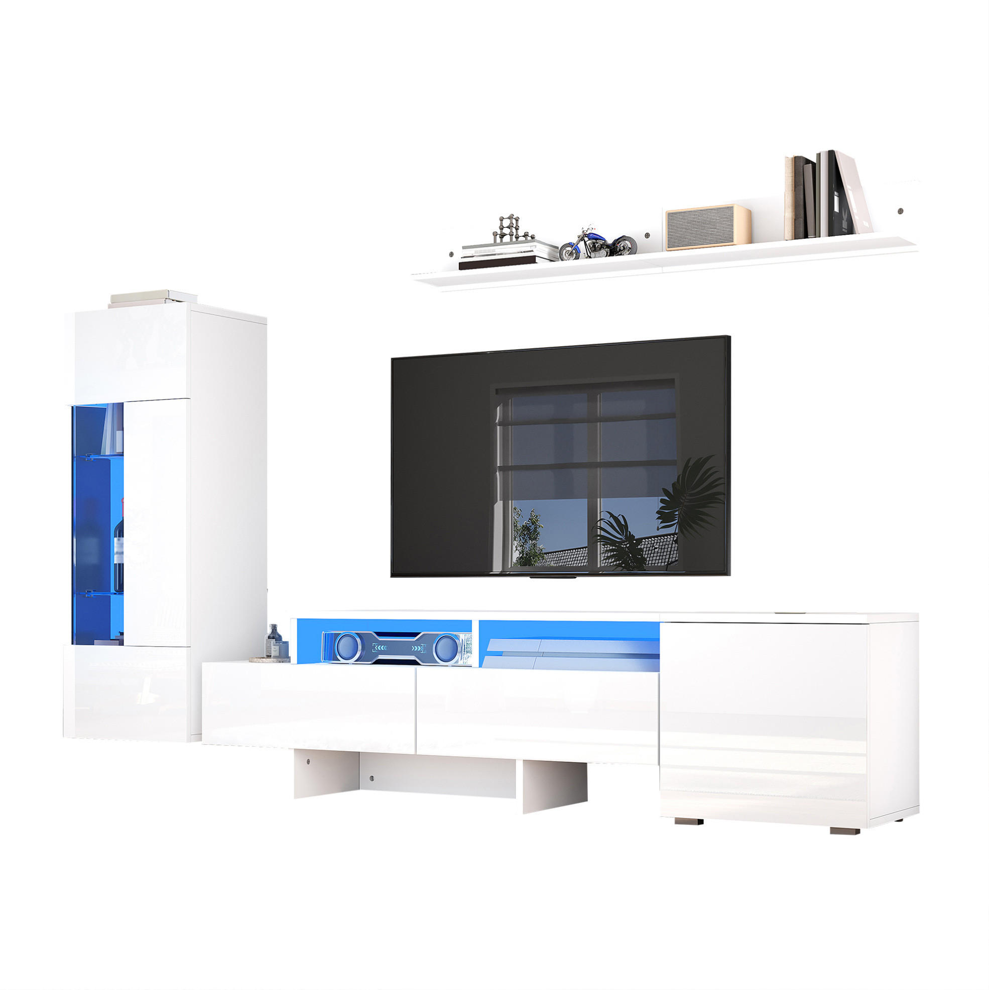 TV-LOWBOARD 3-teilig 170/35/45 cm mit LED-Beleuchtung, Hochglanzfronten und Soft-Close, Weiß - Weiß, Holzwerkstoff (170/45/35cm) - Redom