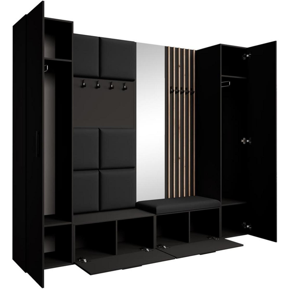 GARDEROBE Margaret XL 242/203/43 mit gepolsterten Paneelen/Lamellen/Spiegel - Schwarz/Eiche Artisan, Holzwerkstoff/Kunststoff (242/203/43cm) - Beautysofa