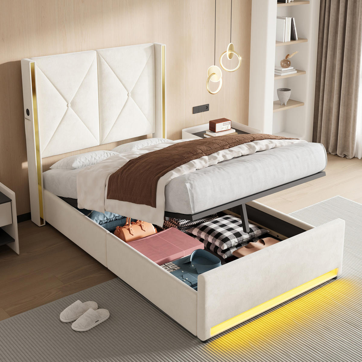 POLSTERBETT 90/200 cm in Beige mit Bettkasten, LED, USB und Type-C Samt - Beige, Holzwerkstoff/Textil (90/200cm) - STILVORA