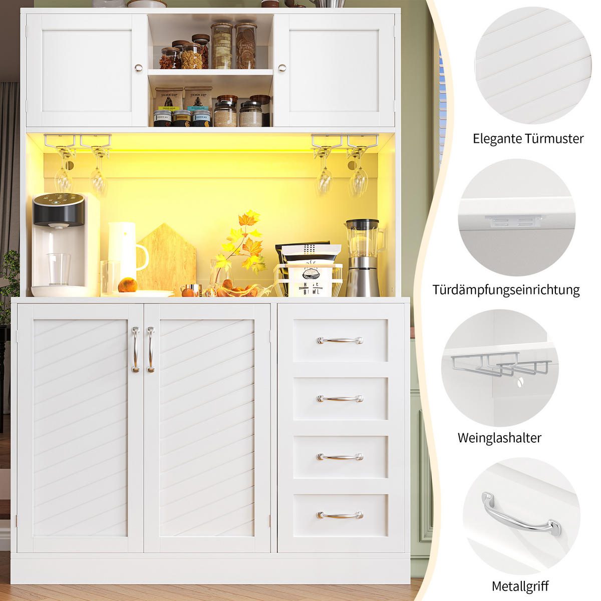 BUFFETSCHRANK 120/40/188 cm weiß aus MDF mit LED-Beleuchtung - Weiß, Holzwerkstoff (120/188/40cm) - OKWISH
