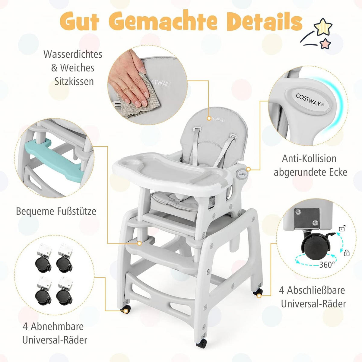 BABYHOCHSTUHL Grau - Grau, Kunststoff (51/104/62cm) - COSTWAY