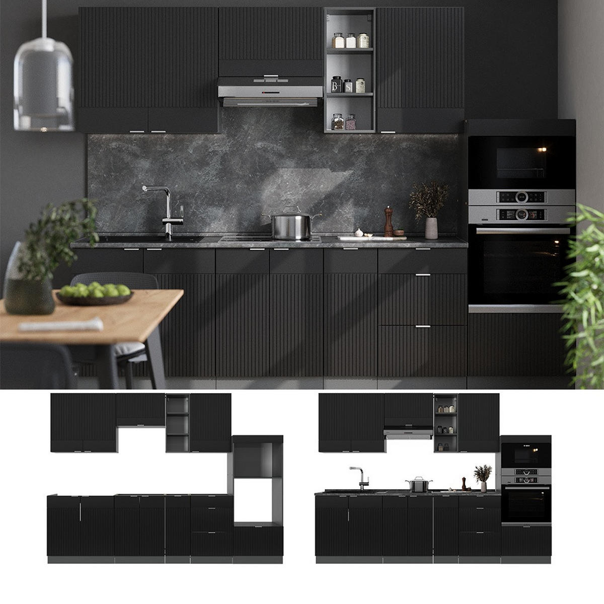 KÜCHENZEILE Fame-Line Schwarz gestreift/Anthrazit 280 cm ohne Arbeitsplatte - Anthrazit/Schwarz, Holzwerkstoff (280/153.6/51.6cm) - Vicco