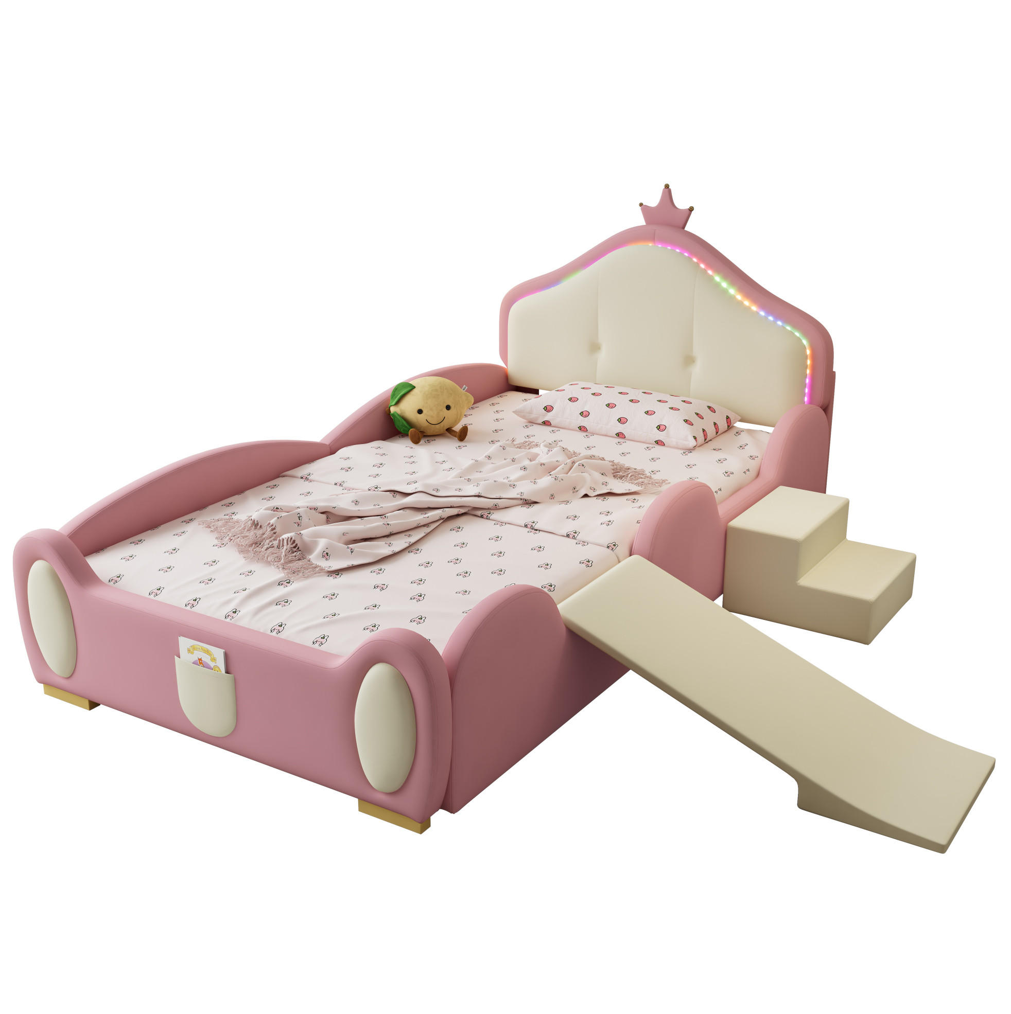 POLSTERBETT 90/200 cm Rosa aus PU mit LED, Rutsche und Treppe - Rosa, Kunststoff (90/200cm) - OKMYHOME