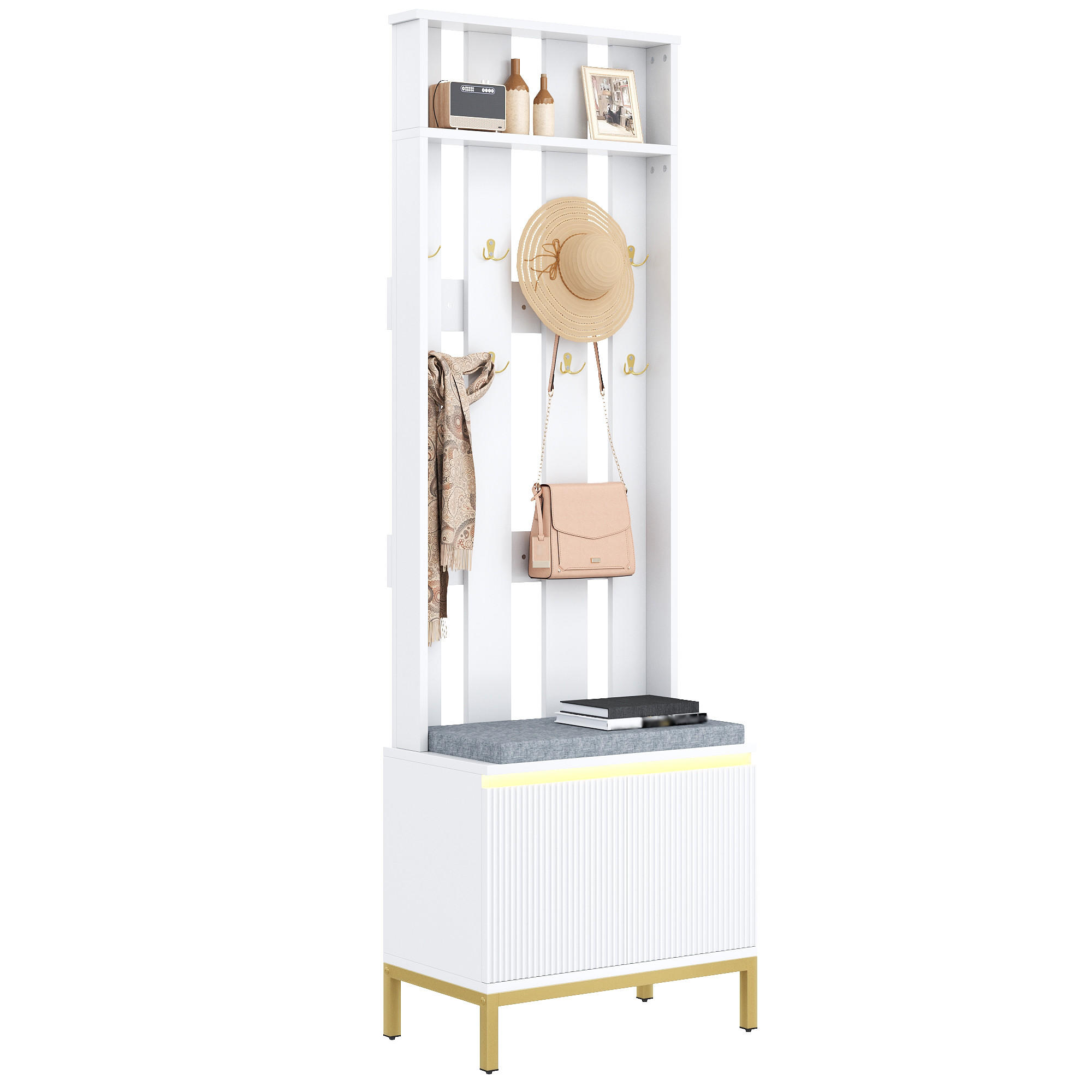 GARDEROBENBANK Weiß mit Schuhschrank und LED - Weiß, Holzwerkstoff (60/191.5/35.5cm) - FLIEKS