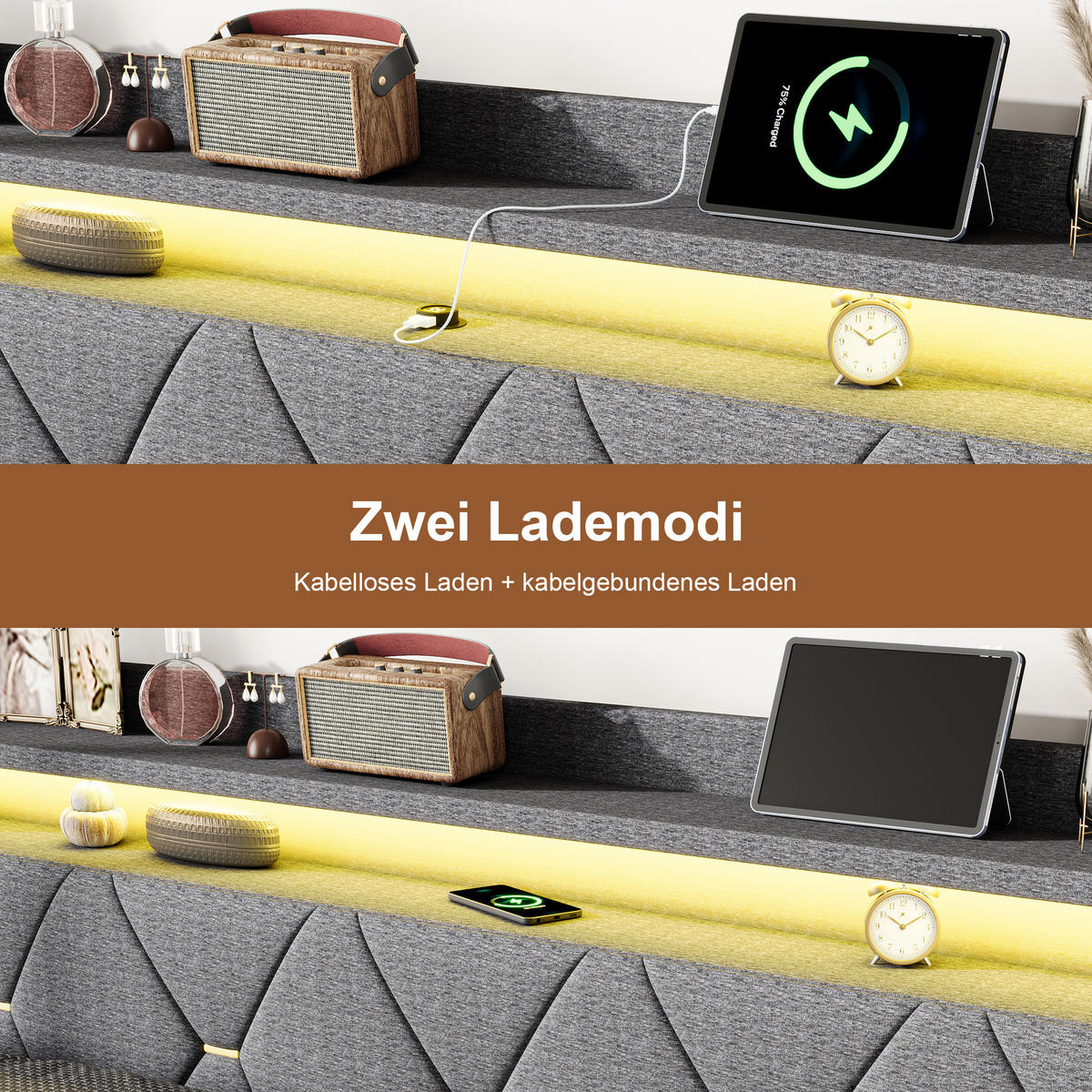 POLSTERBETT 140/200 cm Grau mit hydraulischem Stauraum, LED-Kopfteil mit Ladefunktion und Lattenrost - Grau, Metall (140/200cm) - EuroLiving