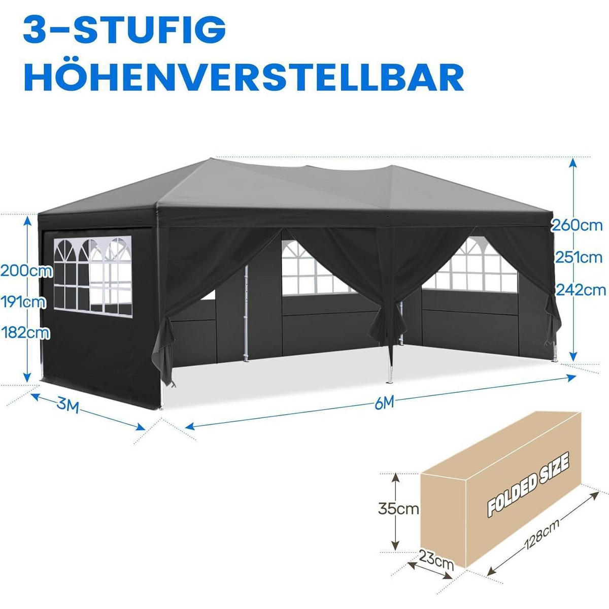 FALTPAVILLON 3x6m wasserdicht mit Seitenwänden und UV-Schutz 50+ Schwarz - Schwarz, Textil (300/277/600cm)
