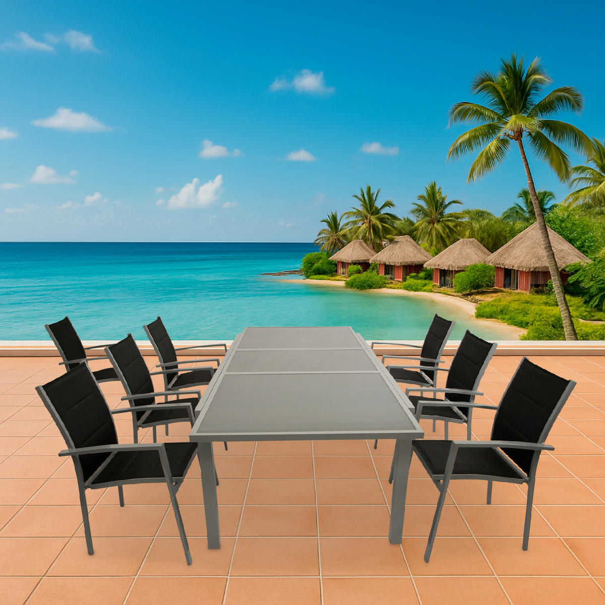 GARTEN-GARNITUR Ashford - 7-teilige Garten-Essgruppe (6x Stapelsessel mit Aluminiumgestell, Bespannung Textillehne schwarz, Ausziehtisch - Schwarz, Metall - TPFGarden