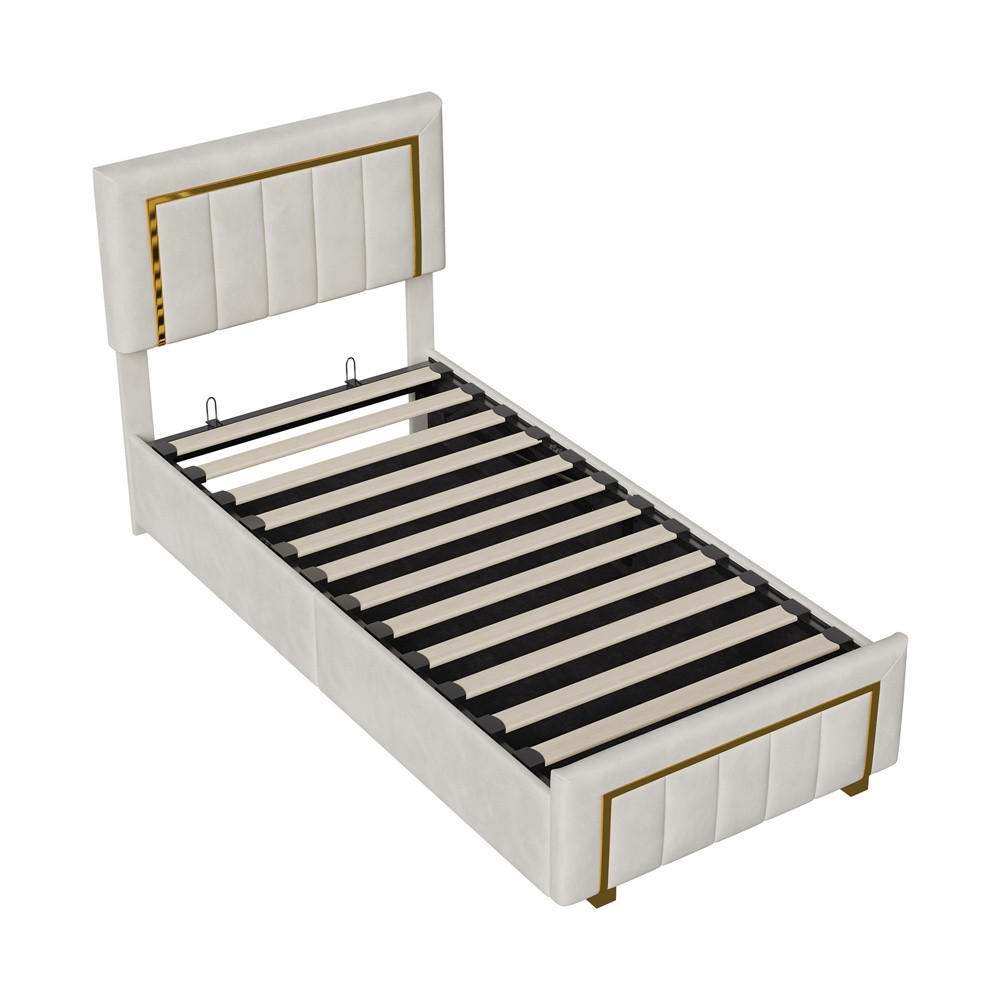 POLSTERBETT 90x200 cm mit hydraulischem Stauraum und Steppmuster im Glamour-Stil - ohne Matratze - Off-White - Creme, Textil (90/200cm) - DELFA