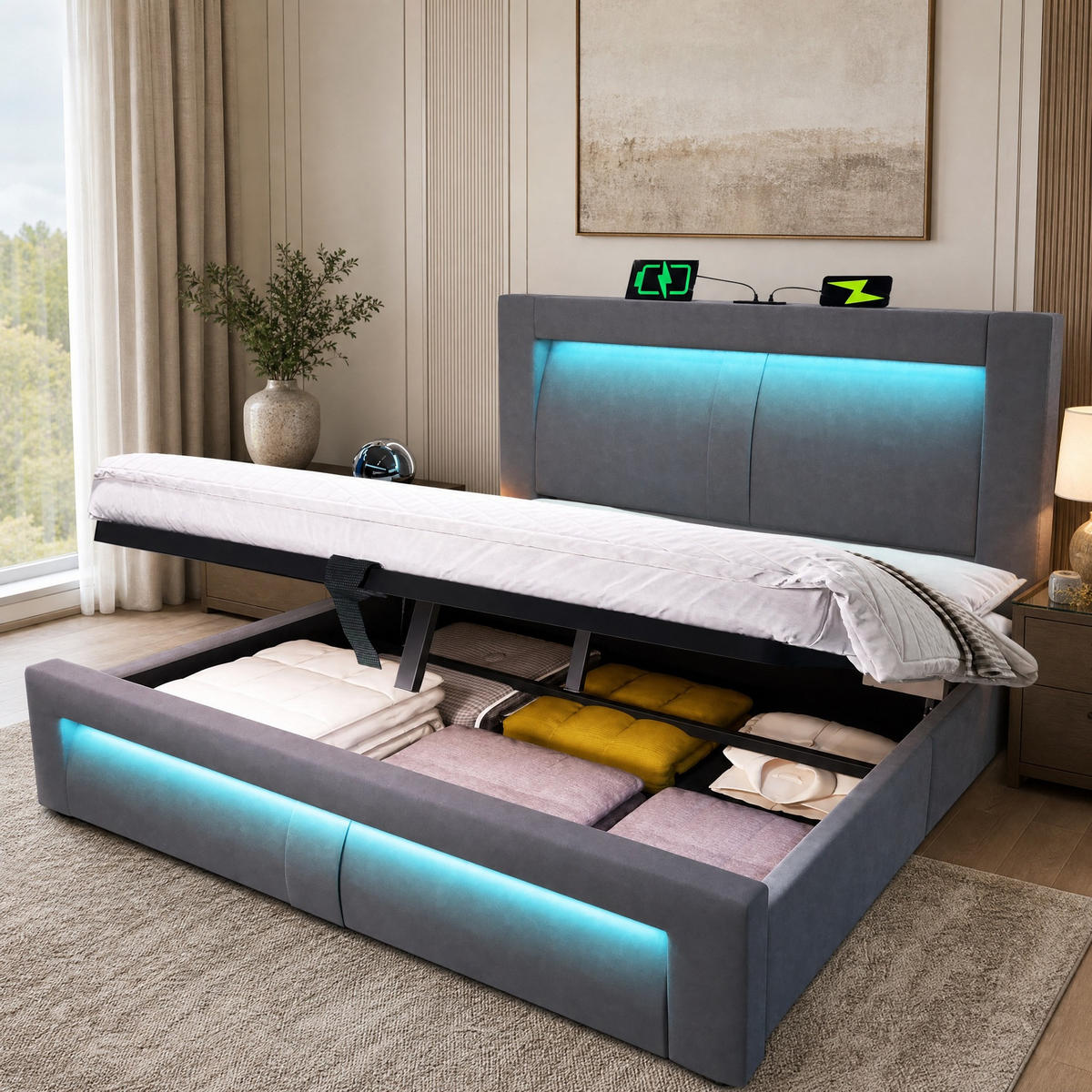 POLSTERBETT 160/200 mit Bettkasten, LED und USB in Grau - Grau, Holzwerkstoff/Textil (160/200cm) - EVRYAE