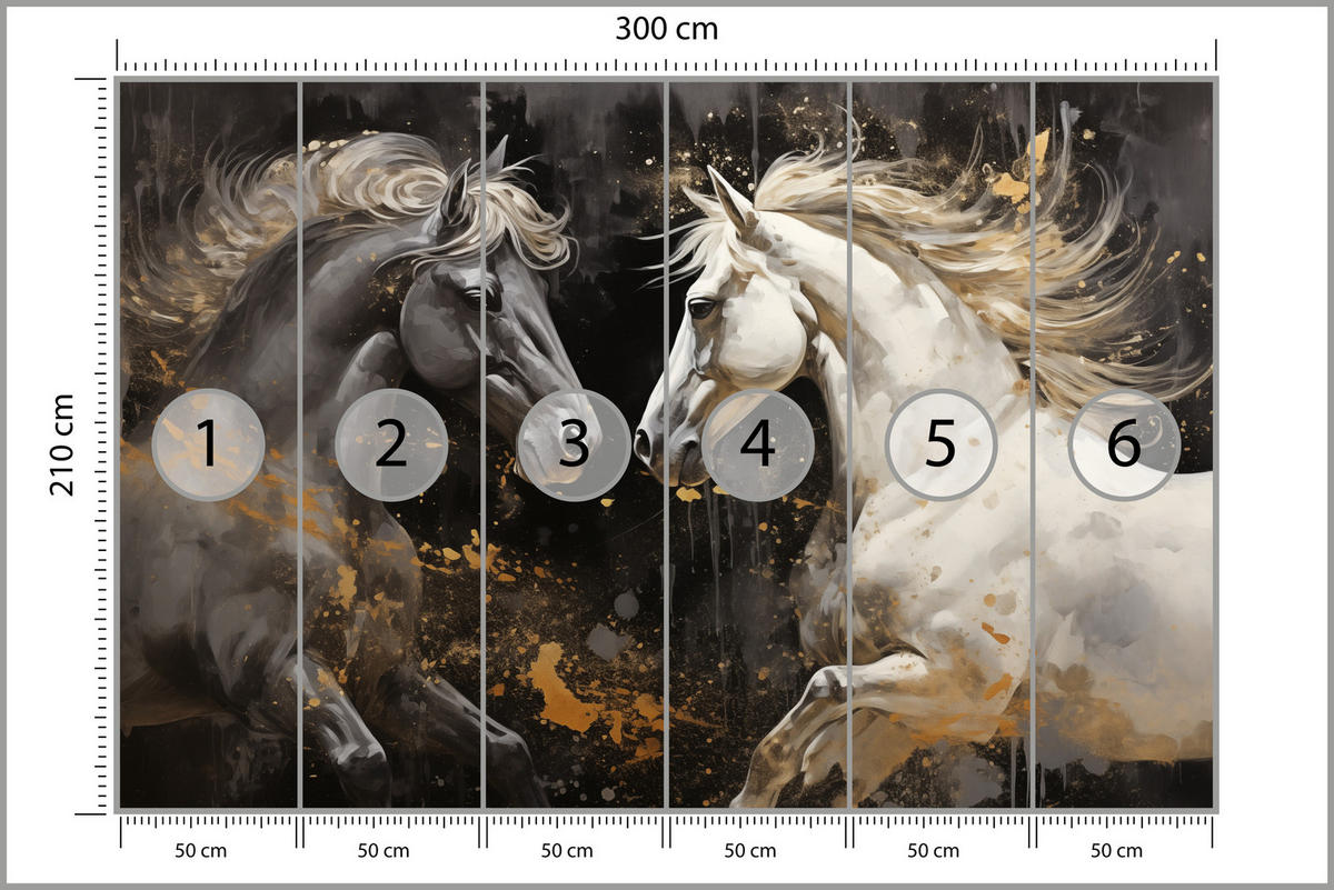FOTOTAPETE für Büro Schwarz-Weiß Pferd Aquarell Goldakzente Eleganz 300x210 - Beige/Schwarz, Papier (300/210cm) - Muralo