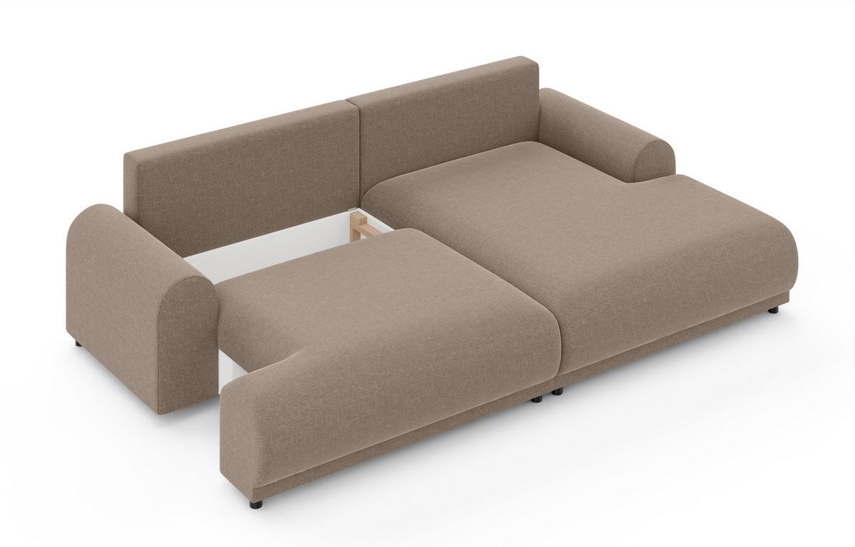 ECKSOFA mit Schlaffunktion, Bettkasten, extrabreite Ottomane rechts, abgerundete Armlehnen, B240/T145/H81 cm, Chenille Hellbraun / 21021 - Hellbraun/Schwarz, Kunststoff/Textil (240/145cm) - luma-home