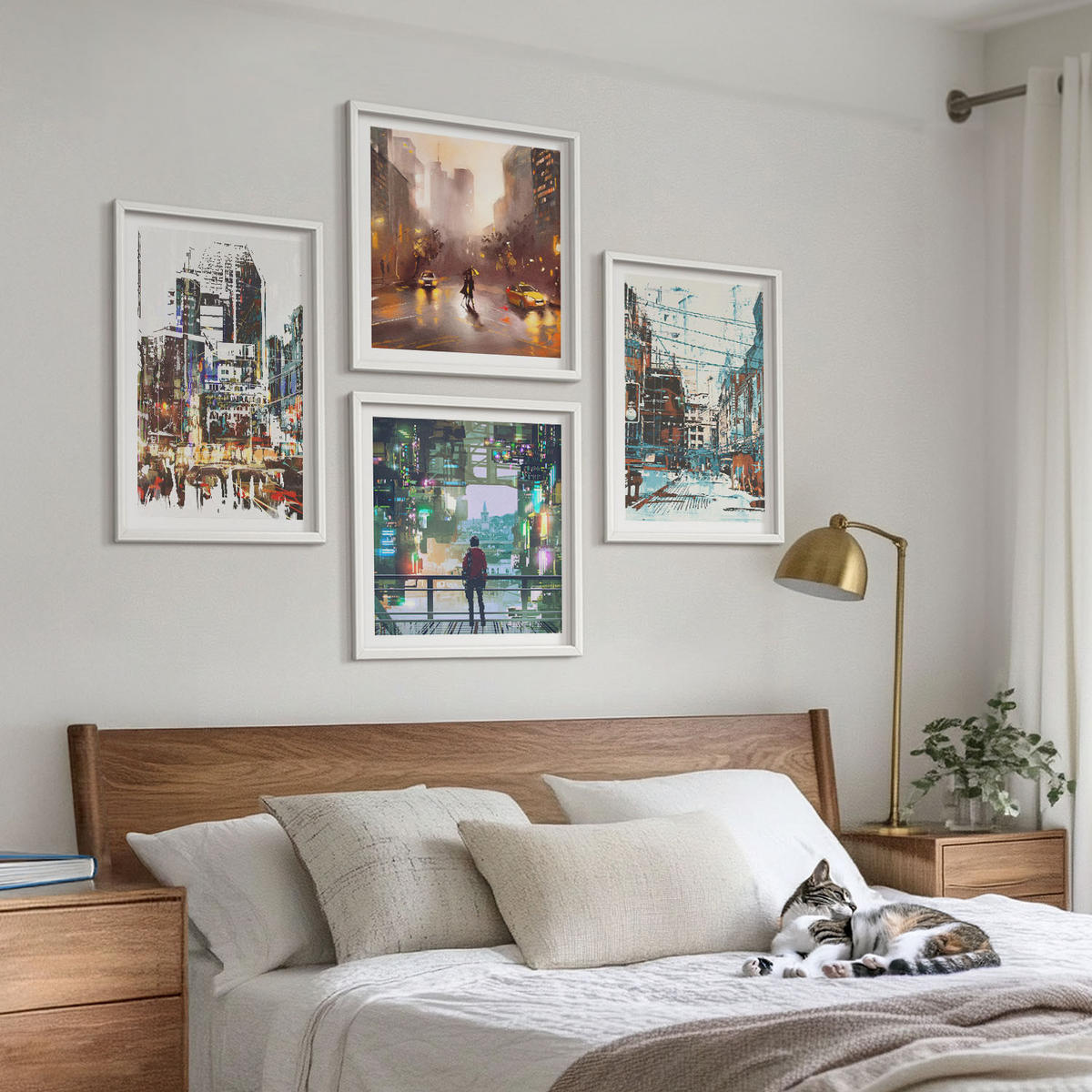 BILDER SET 4er Set - 50x50 cm & 40x60 cm Weißer Rahmen - Moderne, farbenfrohe Städte mit Charakteren - Weiß, Kunststoff (50/50cm) - TULUP