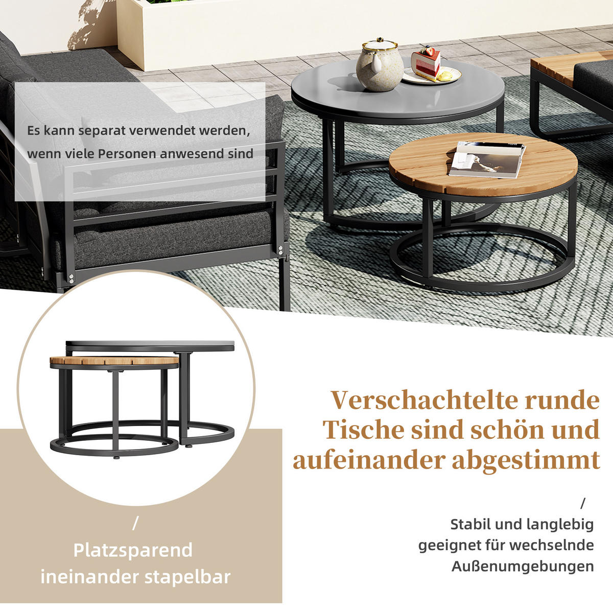 GARTENSET 4-5 Sitzer Grau Mit 2 Stapeltischen - Grau, Metall - FLIEKS