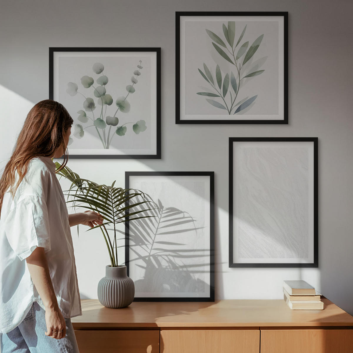 BILDER SET 4er Set - 50x50 cm & 40x60 cm Schwarzer Rahmen - Marmorstruktur, pastellfarbene Zweige - Schwarz, Kunststoff (50/50cm) - TULUP