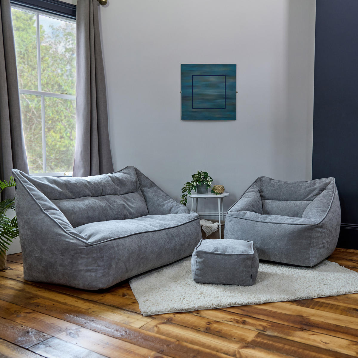 SITZSACK-SET 3 tlg, Sofa Chenille Cecilia, Sitzsack Sessel mit Hocker - Grau, Kunststoff/Textil (160/70/93cm) - icon