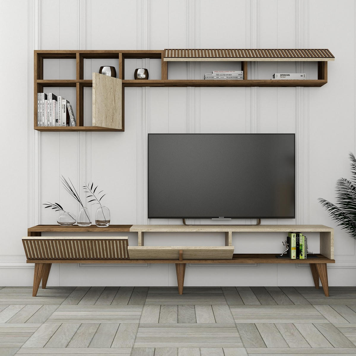 TV-MÖBEL Milan Nussbaum-Travertin - Beige/Nussbaumfarben, Holz (180/40/35cm) - Habitat Garten