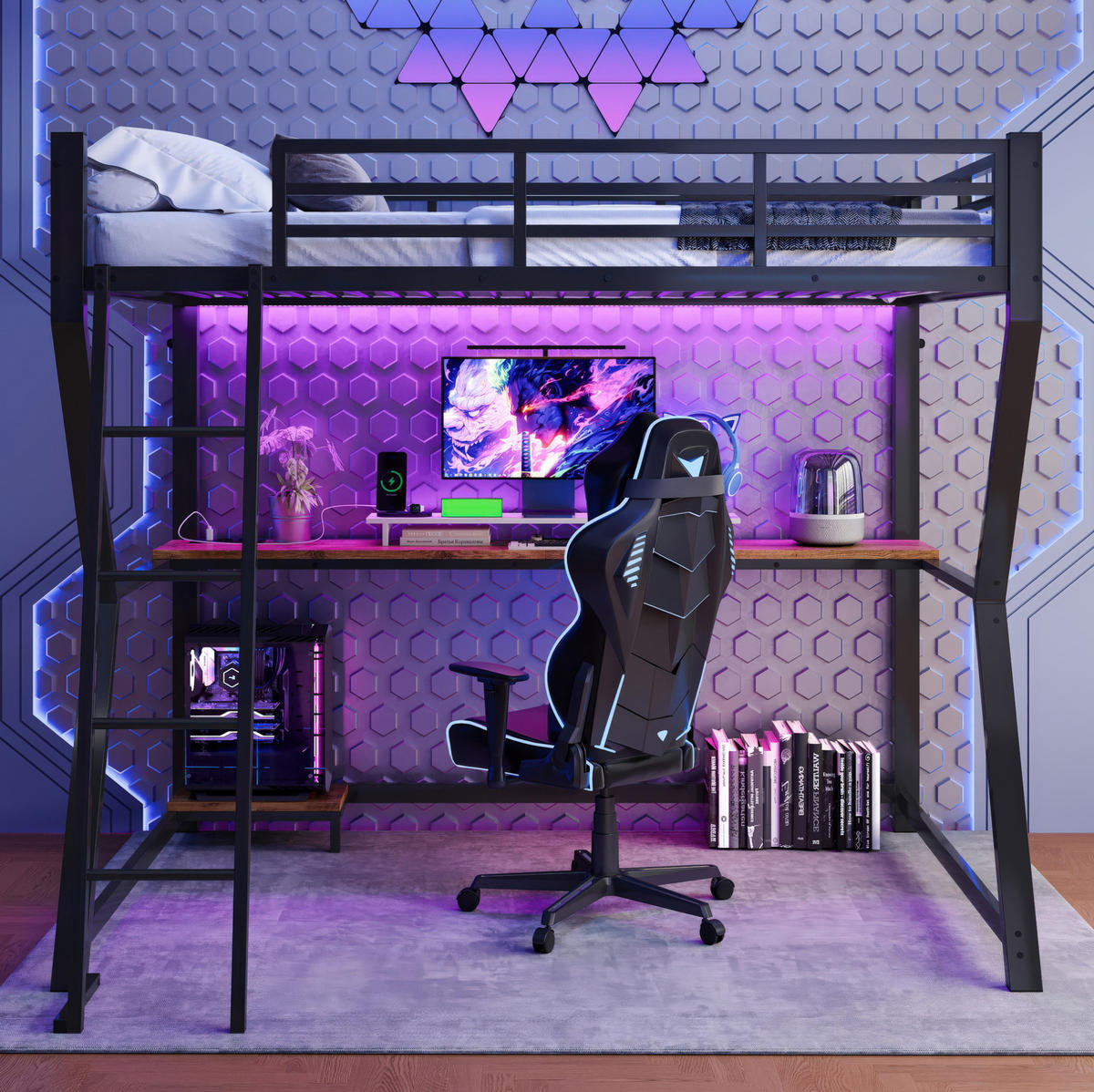 HOCHBETT aus Metall und MDF 90x200 cm Schwarz mit Schreibtisch, LED-Beleuchtung, Steckdose und USB - Schwarz, Metall (90/200cm) - IVMEU