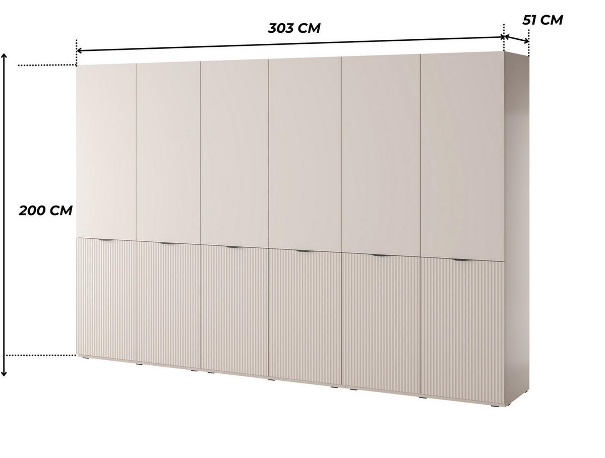 KLEIDERSCHRANK ZEN (Modular, Cashmere Matt, Rillenfront, 6-türig) - Kaschmir/Schwarz, Holz/Holzwerkstoff (303/200/51cm) - Ravio
