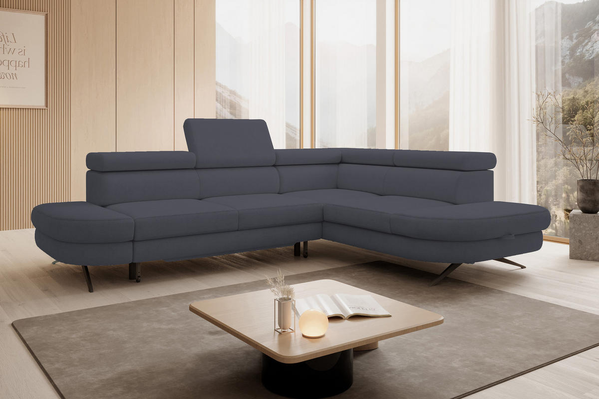 ECKSOFA OTIS L-förm, Schlaffunktion, verstellbare Kopfstützen, in AURORA-Stoff, lose Rückenkissen, freistehend, RECHTS 276x218x97 cm Dark grey - Dunkelgrau, Holz/Textil (276/218cm) - DomoHome